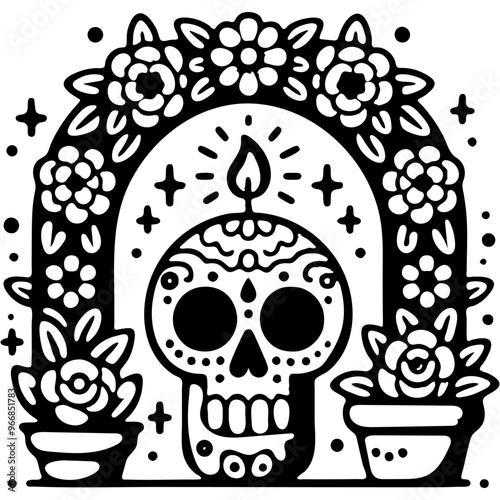 Altar in shape of arch with a human sugar skull and lit candles in monochrome. Simple minimalistic vector in black ink drawing on transparent background