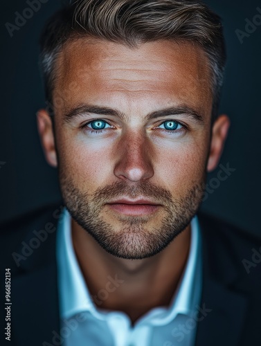 full body, a ultra real full body shot photo of 35 years old business man, blue eyes, short blonde hair. At the background a ultra close up macro details, ultra contrast, with generative ai