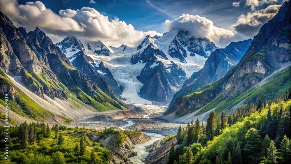 Rugged mountains above untouched forest with glacier in valley, ultra HD POV Rugged mountains above untouched forest with glacier in valley, ultra HD POV