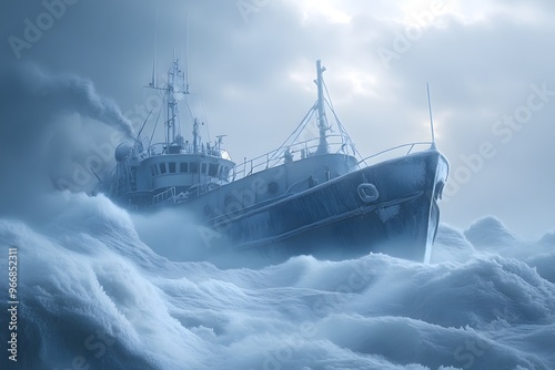 Frozen Ship Battling the Waves