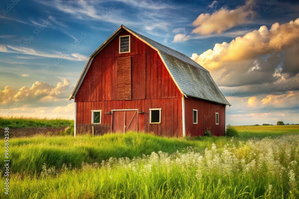 Rustic barn in countryside with red barn and white roof silhouette Rustic barn in countryside with red barn and white roof silhouette