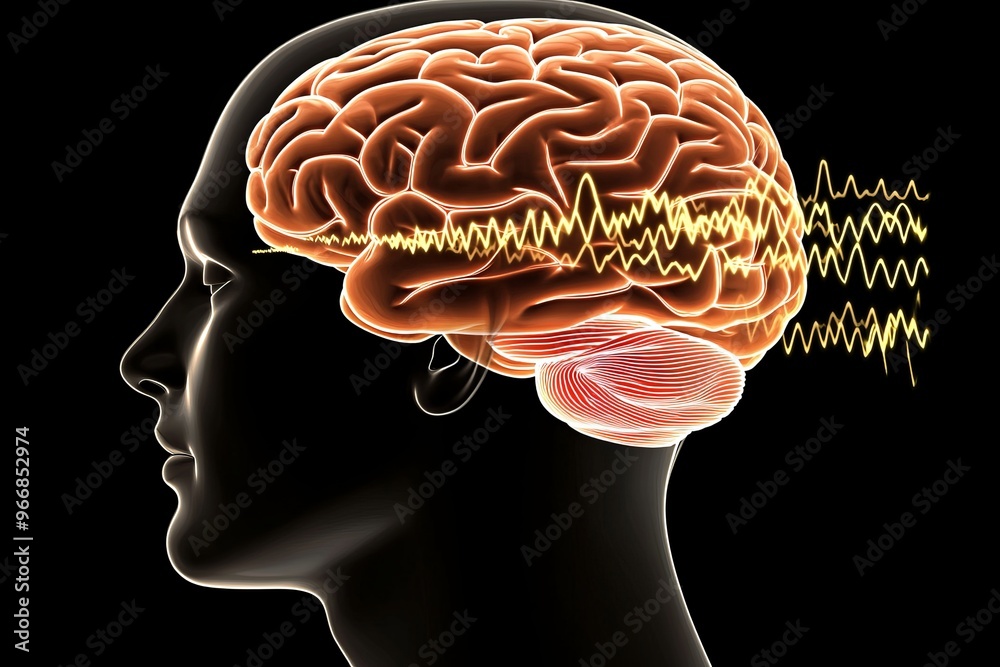 Abstract thought auditory processing and abstract thinking human brain emitting neural waves with glowing yellow energy lines illustrating cognitive processing and thought activity Abstract thought auditory processing and abstract thinking human brain emitting neural waves with glowing yellow energy lines illustrating cognitive processing and thought activity