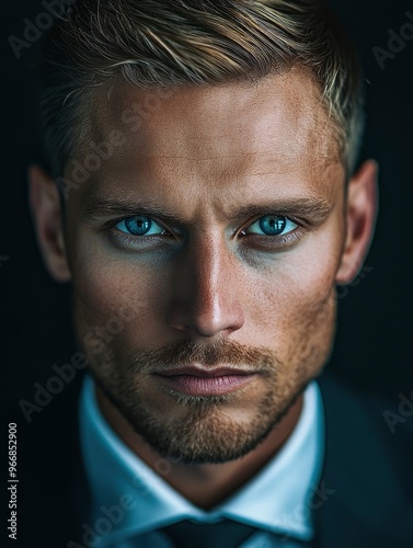 full body, a ultra real full body shot photo of 35 years old business man, blue eyes, short blonde hair. At the background a ultra close up macro details, ultra contrast, with generative ai