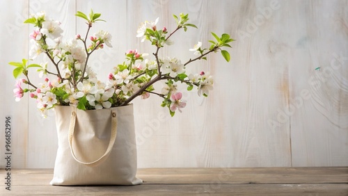 Wallpaper Mural Rustic tote bag mockup with blooming apple tree branch in white vase extreme close-up Torontodigital.ca