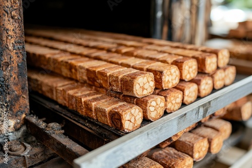 Close-Up of Stacked Brown Rectangular Food in Metal Rack