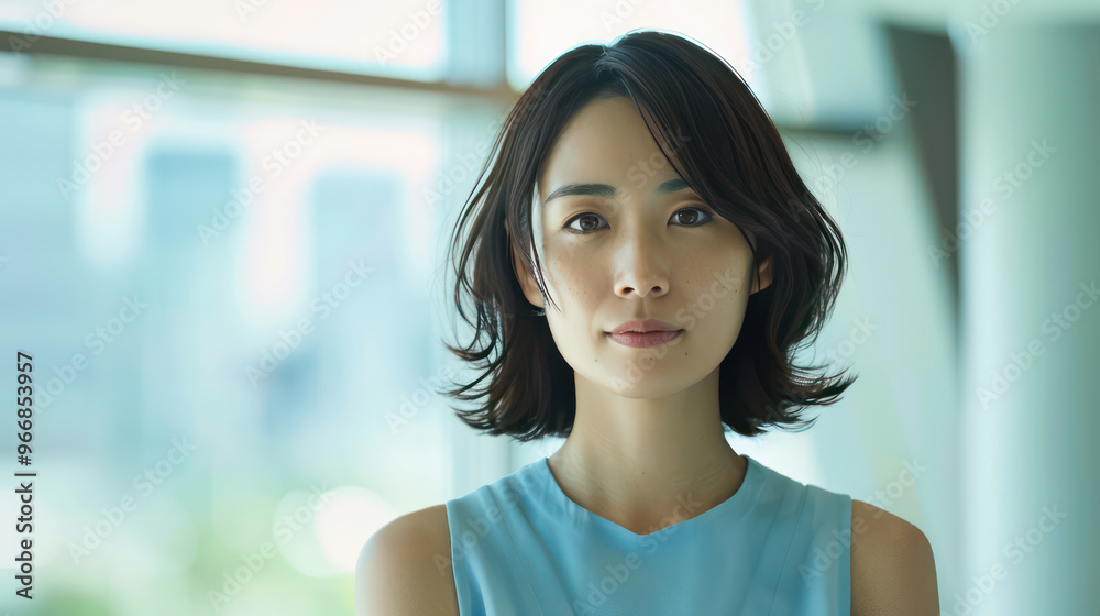 A serene woman with short hair stands confidently in modern setting A serene woman with short hair stands confidently in modern setting