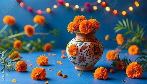 Vibrant marigold flowers in clay pot against blue backdrop celebrating Indian religious festivals like Gudi Padwa and Ugadi, perfect for banners and invitations