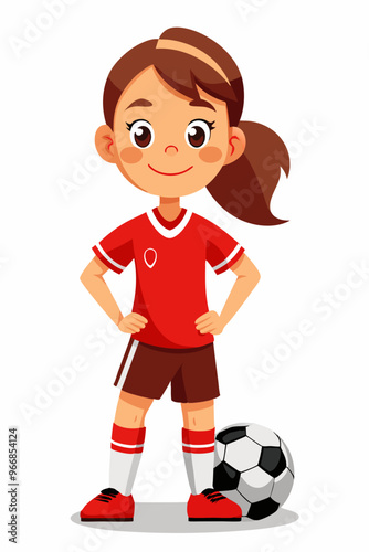 A realistic portrait of a young girl in a red soccer uniform with red socks and black shorts, confidently posing with one foot on a black-and-white soccer ball. Clean white background, vibrant colors,