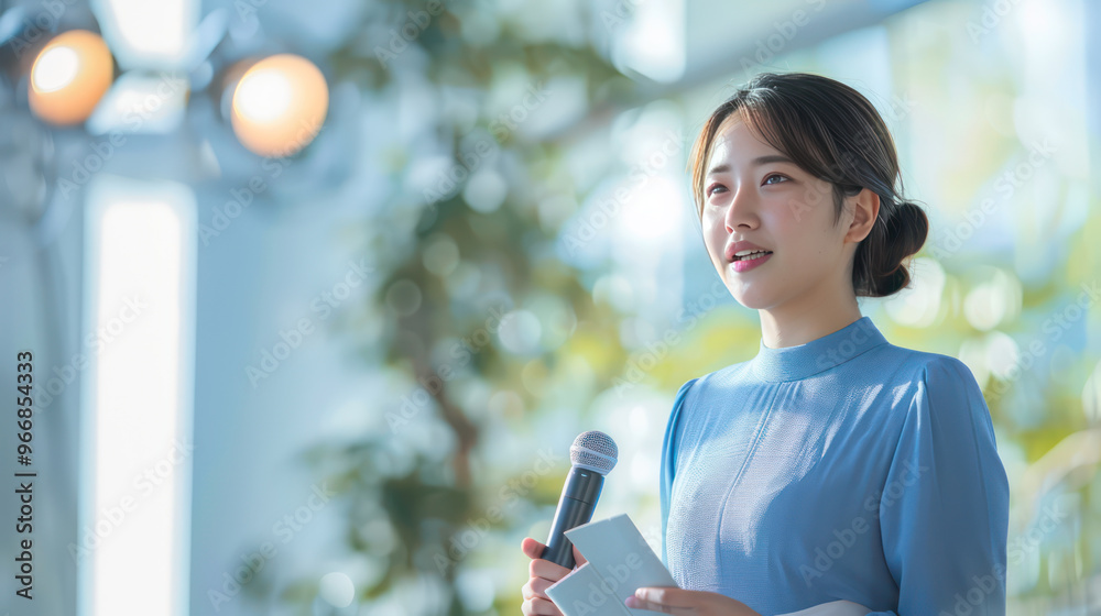 A young woman speaks confidently at an event, holding microphone and notes A young woman speaks confidently at an event, holding microphone and notes
