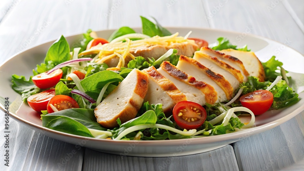 Salad with chicken fillet and cheese in a plate with tilted angle Salad with chicken fillet and cheese in a plate with tilted angle