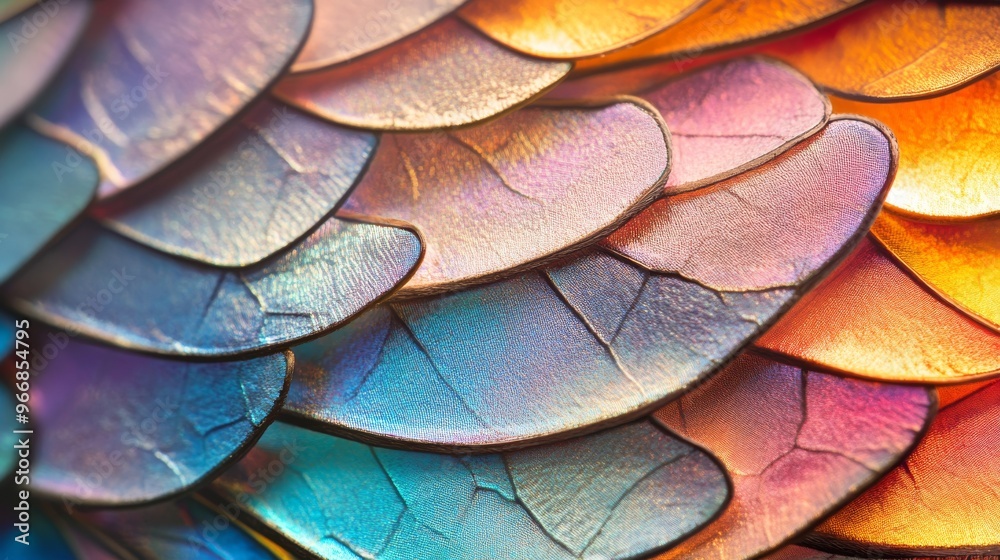 Obraz premium Close-up of iridescent butterfly wing scales, revealing intricate patterns and textures.