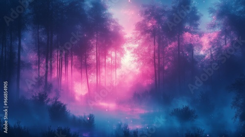 A Mystical Forest Bathed in Pink and Blue Light