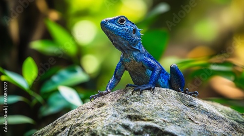 Blue lizard on a rock in rainforest, vibrant colors. Wildlife photography concept