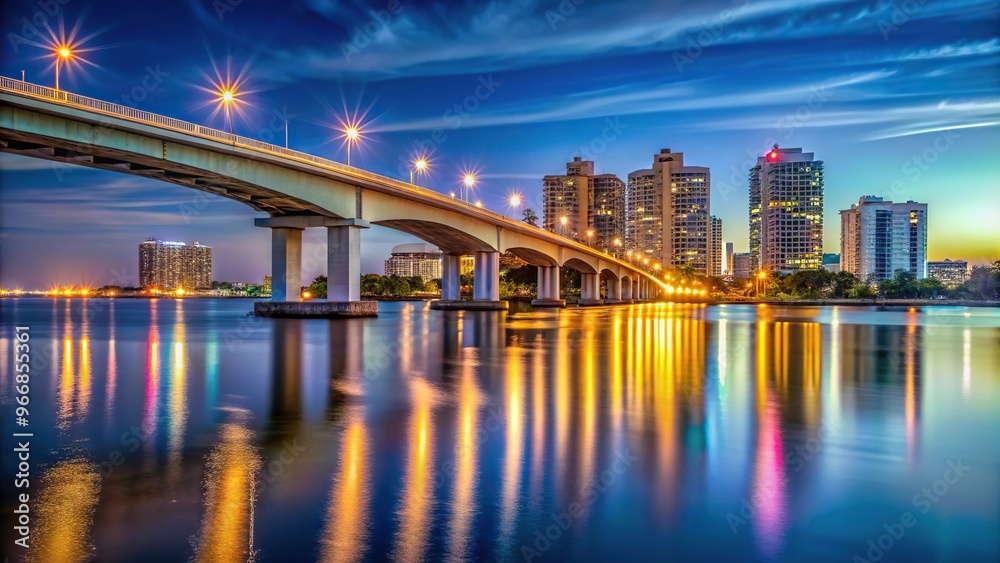 Fototapeta premium Sarasota Florida skyline and bridge at night low angle view