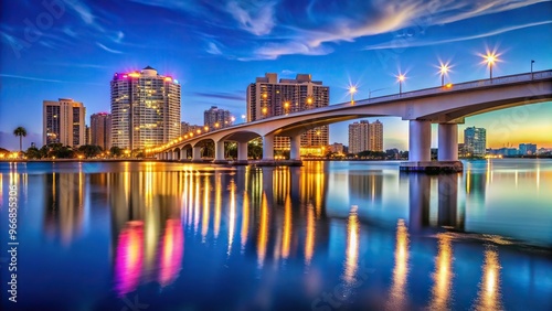 Sarasota Florida skyline and bridge across bay at night