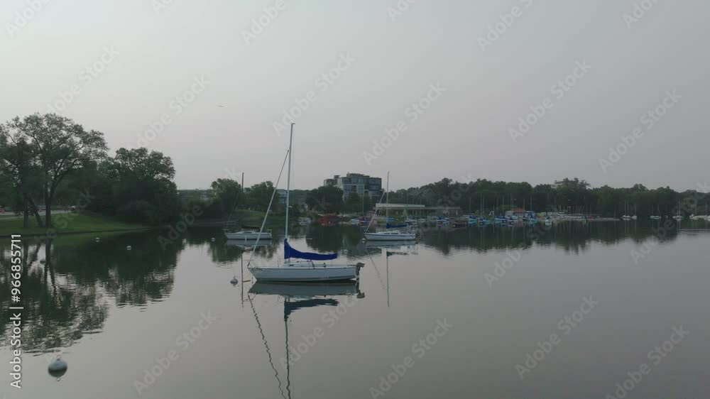 Drone shot of sailboats docked at port during evening in Minneapolis, USA Drone shot of sailboats docked at port during evening in Minneapolis, USA