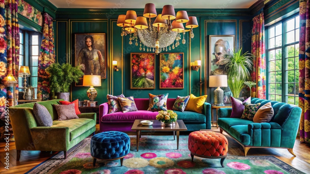 Fototapeta premium Vibrant colors and patterns explode in a whimsical, maximalist living room, where velvet sofas, statement lighting, and eclectic decor create an ecstatic atmosphere of joy.