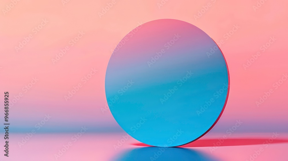 A blue and pink gradient circle stands on a pink surface against a pink and blue gradient background. A blue and pink gradient circle stands on a pink surface against a pink and blue gradient background.