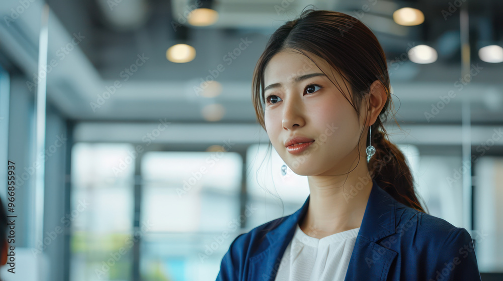 A focused woman in blue blazer stands in modern office, exuding confidence A focused woman in blue blazer stands in modern office, exuding confidence