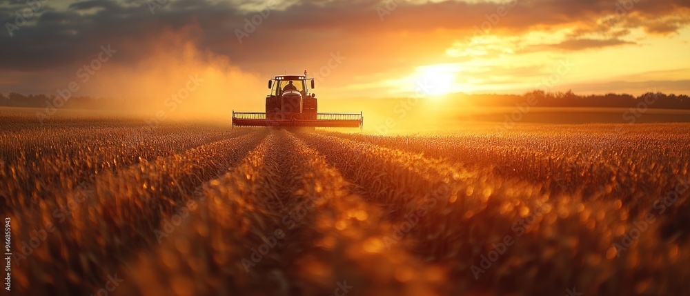 Tractor Harvesting Wheat Field at Sunset Tractor Harvesting Wheat Field at Sunset