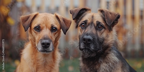 Charming canines, one of a specific breed and the other a blend, looking directly at the camera.