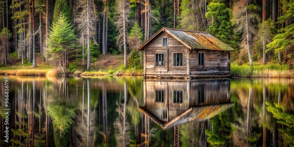 Scary abandoned cabin in the woods reflecting in water Scary abandoned cabin in the woods reflecting in water