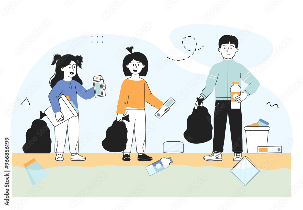 Children clean up garbage. Girls and boy with garbage bag collect plastic bottles in black bag. Caring for ecology and environment. Linear vector illustration Children clean up garbage. Girls and boy with garbage bag collect plastic bottles in black bag. Caring for ecology and environment. Linear vector illustration