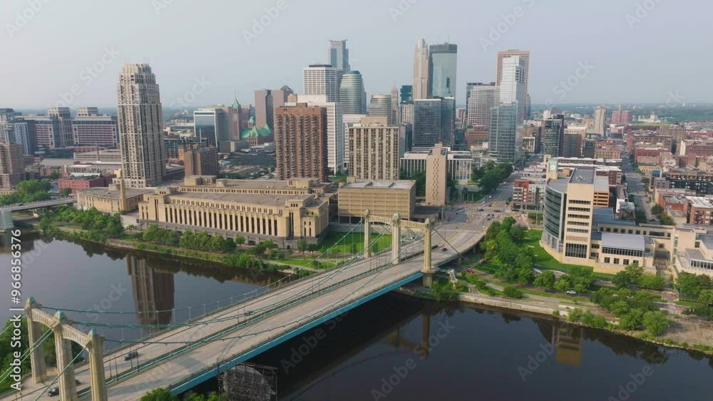 Drone shot of Hennepin Avenue Bridge with Minneapolis skyline in background. Minnesota during daytime in USA. Drone shot of Hennepin Avenue Bridge with Minneapolis skyline in background. Minnesota during daytime in USA.