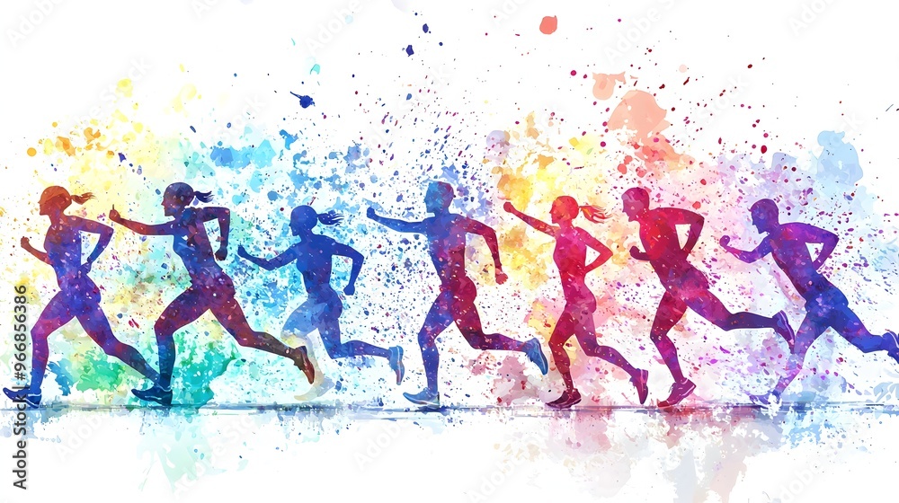 Dynamic Joggers Splashing through Colorful Finish Line Dynamic Joggers Splashing through Colorful Finish Line