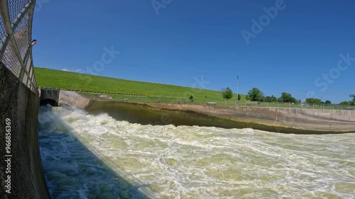 Pan of the outflow conduit pipe of the Saylorville Dam and Des Moines River in Iowa; on average 2.7 million gallons of water per minute pass through the outflow conduit pipe; concept of flood control photo