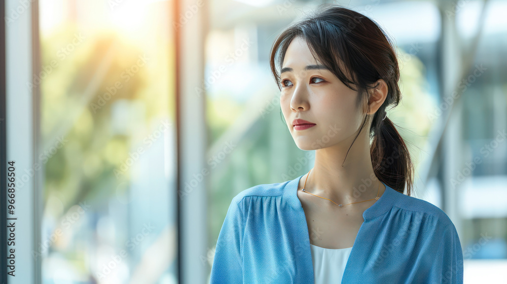 A thoughtful woman gazes out window, reflecting on her day
