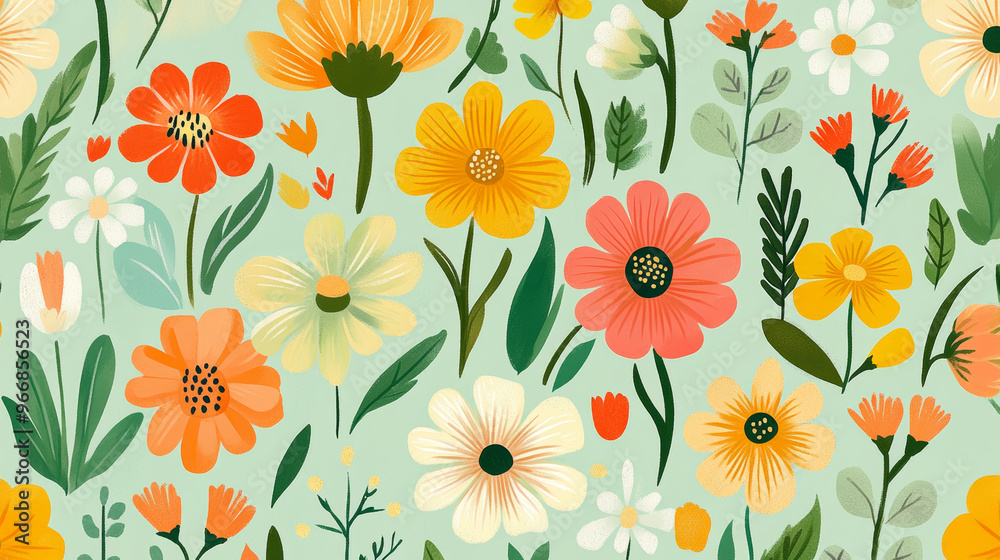 A cheerful, light green pattern with bright, hand-drawn flowers. This colorful design adds a fresh and fun touch to your projects. A cheerful, light green pattern with bright, hand-drawn flowers. This colorful design adds a fresh and fun touch to your projects.