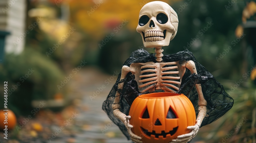 A skeleton dressed in a Halloween costume, holding a pumpkin bucket for trick-or-treating. A skeleton dressed in a Halloween costume, holding a pumpkin bucket for trick-or-treating.