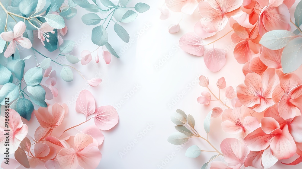Floral Background with Pink and Blue Leaves on White Background