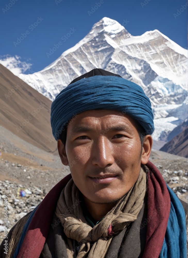 Portrait of a Sherpa man standing against a majestic Himalayan mountain landscape. Dressed in traditional clothing, he stands proudly near snow-capped peaks under a clear blue sky. Portrait of a Sherpa man standing against a majestic Himalayan mountain landscape. Dressed in traditional clothing, he stands proudly near snow-capped peaks under a clear blue sky.