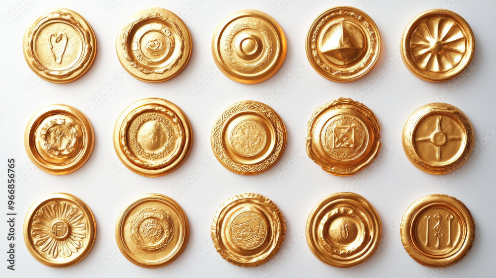 A collection of golden wax seals. Each seal is made of real gold and looks very realistic. A collection of golden wax seals. Each seal is made of real gold and looks very realistic.