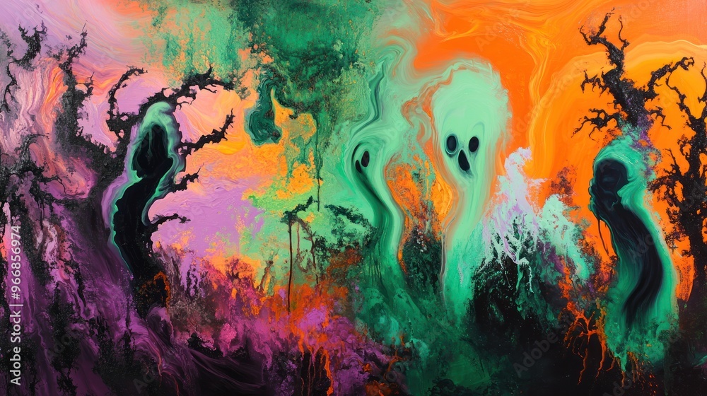 A surreal Halloween abstract painting with fluid, melting shapes in neon green, orange, and purple, creating a distorted landscape where ghostly faces and haunted trees seem to blend into one another
