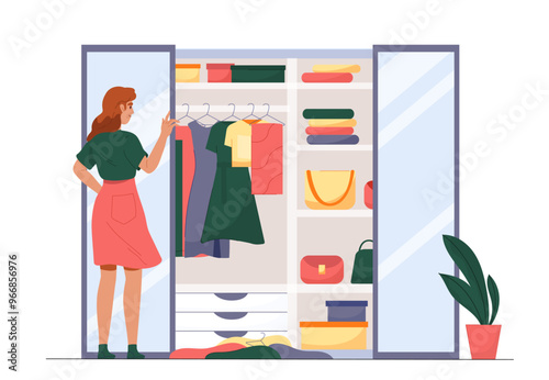 Woman choosing clothes. Young girl chooses stylish things and tries them on in front of mirror. Aesthetics and elegance. Fashion and style. Flat vector illustration