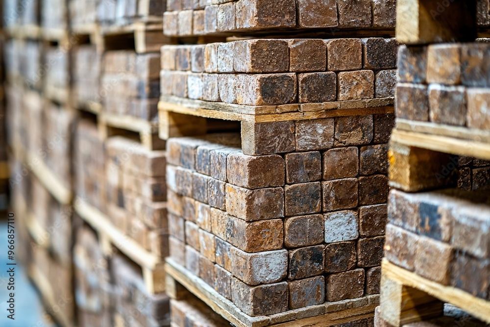 Stacked Rectangular Brown Bricks on Wooden Pallets Stacked Rectangular Brown Bricks on Wooden Pallets