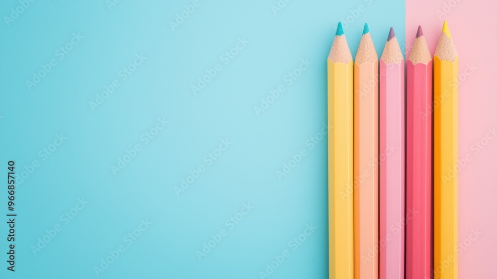 A colorful arrangement of pastel crayons on a bright blue and pink background, perfect for creative projects and designs. A colorful arrangement of pastel crayons on a bright blue and pink background, perfect for creative projects and designs.