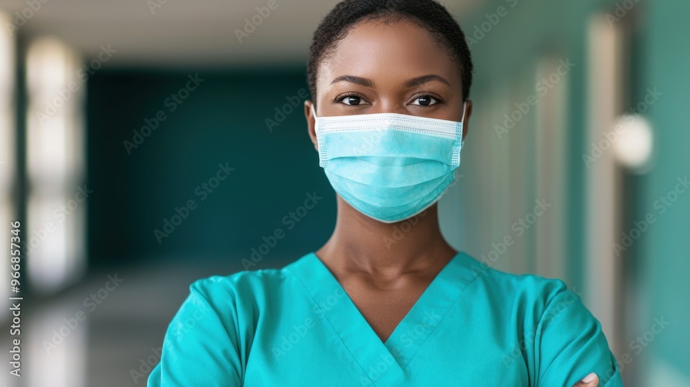 A confident healthcare professional wearing a face mask, symbolizing dedication and care in a medical environment. A confident healthcare professional wearing a face mask, symbolizing dedication and care in a medical environment.