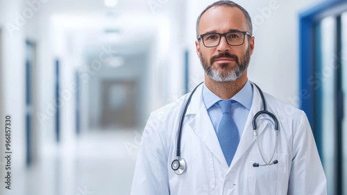 A confident doctor in a white coat stands in a modern hospital corridor, symbolizing healthcare professionalism and patient care.