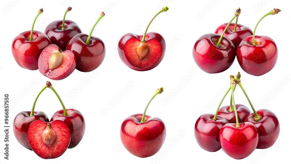 set of red cherries isolated on a transparent background PNG set of red cherries isolated on a transparent background PNG