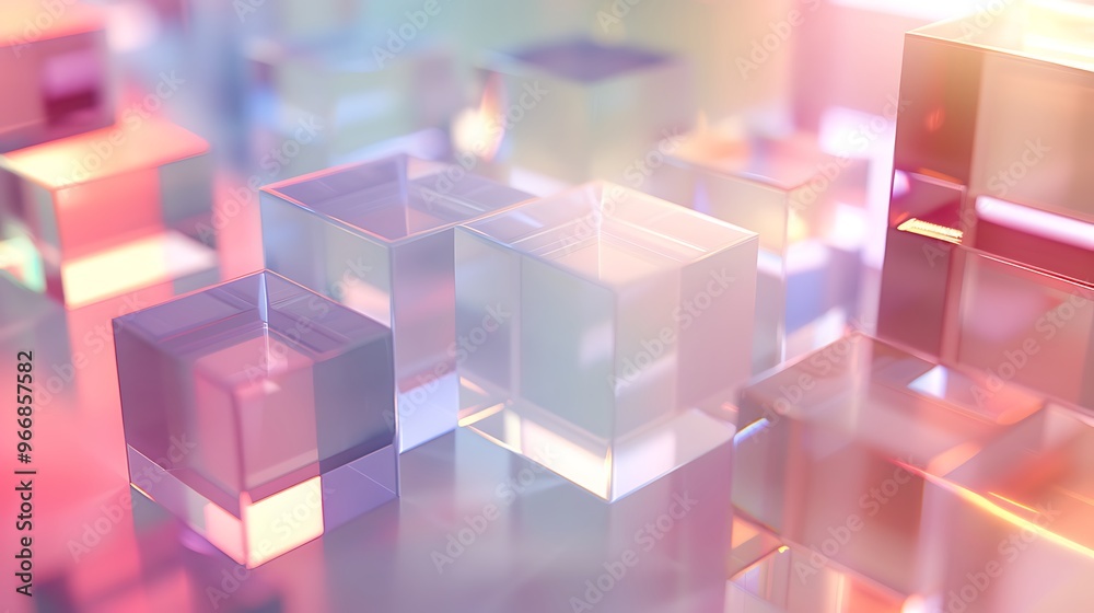 An abstract 3D rendering of overlapping translucent shapes, including cubes and triangles, with soft shadows and light reflections on a minimalist background. 8k UHD, suitable for high-quality An abstract 3D rendering of overlapping translucent shapes, including cubes and triangles, with soft shadows and light reflections on a minimalist background. 8k UHD, suitable for high-quality