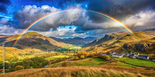 Scenic landscape of rainbow and hills above Blaennau Ffestiniog Wales with leading lines photo