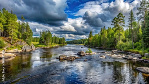 Scenic landscape of river with trees and rocks under cloudy sky in Kareliya photo