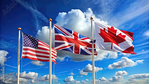 Vibrant flags of various countries, including the United States, Canada, and the United Kingdom, waving proudly in the wind against a clear blue sky. photo