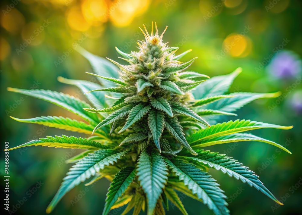 Vibrant green cannabis flower with delicate trichomes and golden pistils sways gently in the breeze, set against a soft, blurred natural outdoor background. Vibrant green cannabis flower with delicate trichomes and golden pistils sways gently in the breeze, set against a soft, blurred natural outdoor background.