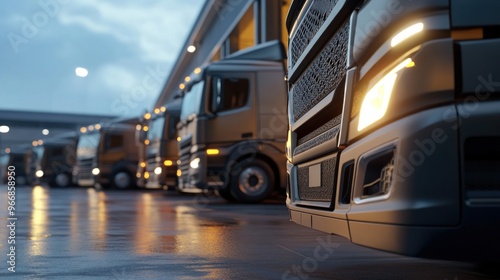 Illustration of a fleet of trucks parked in front of a warehouse to deliver factory goods, copy space background. Ai generated image