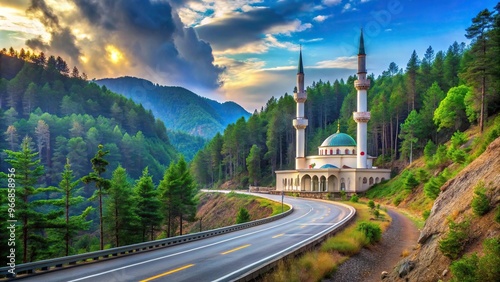 Scenic panoramic view of mosque in hilly region with pine trees photo